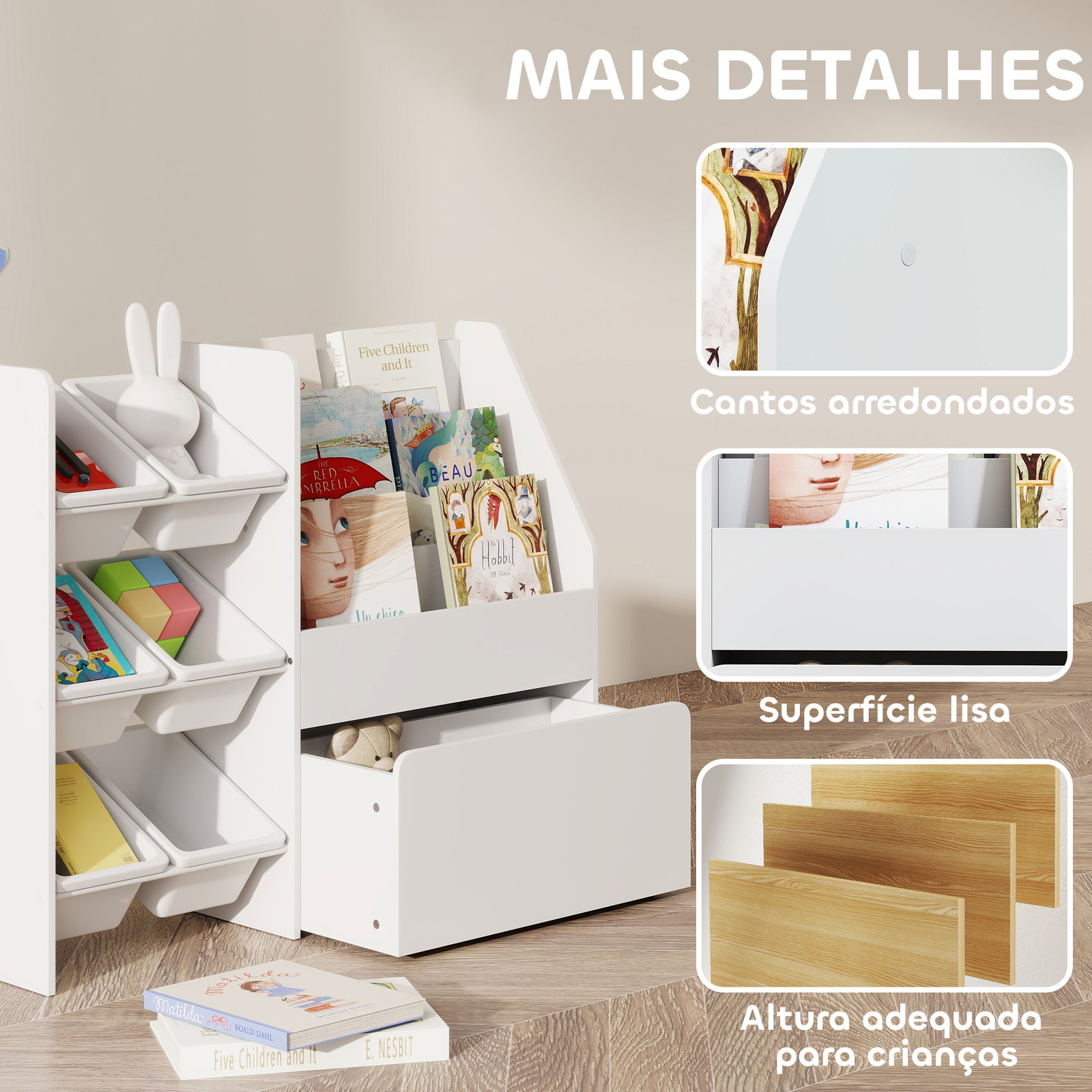 Estante infantil para brinquedos com 6 caixas removíveis 3 prateleiras abertas e gaveta inferior com rodas 100x30x80 cm branco