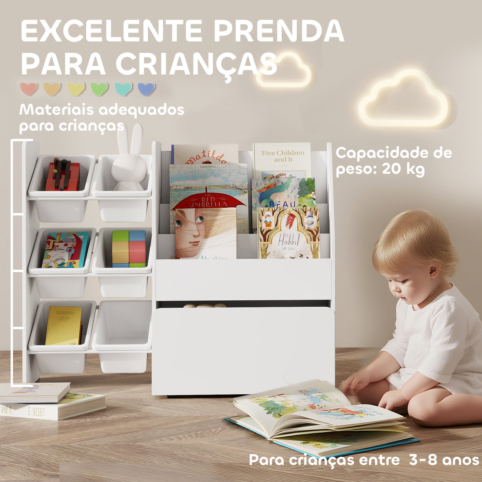Estante infantil para brinquedos com 6 caixas removíveis 3 prateleiras abertas e gaveta inferior com rodas 100x30x80 cm branco