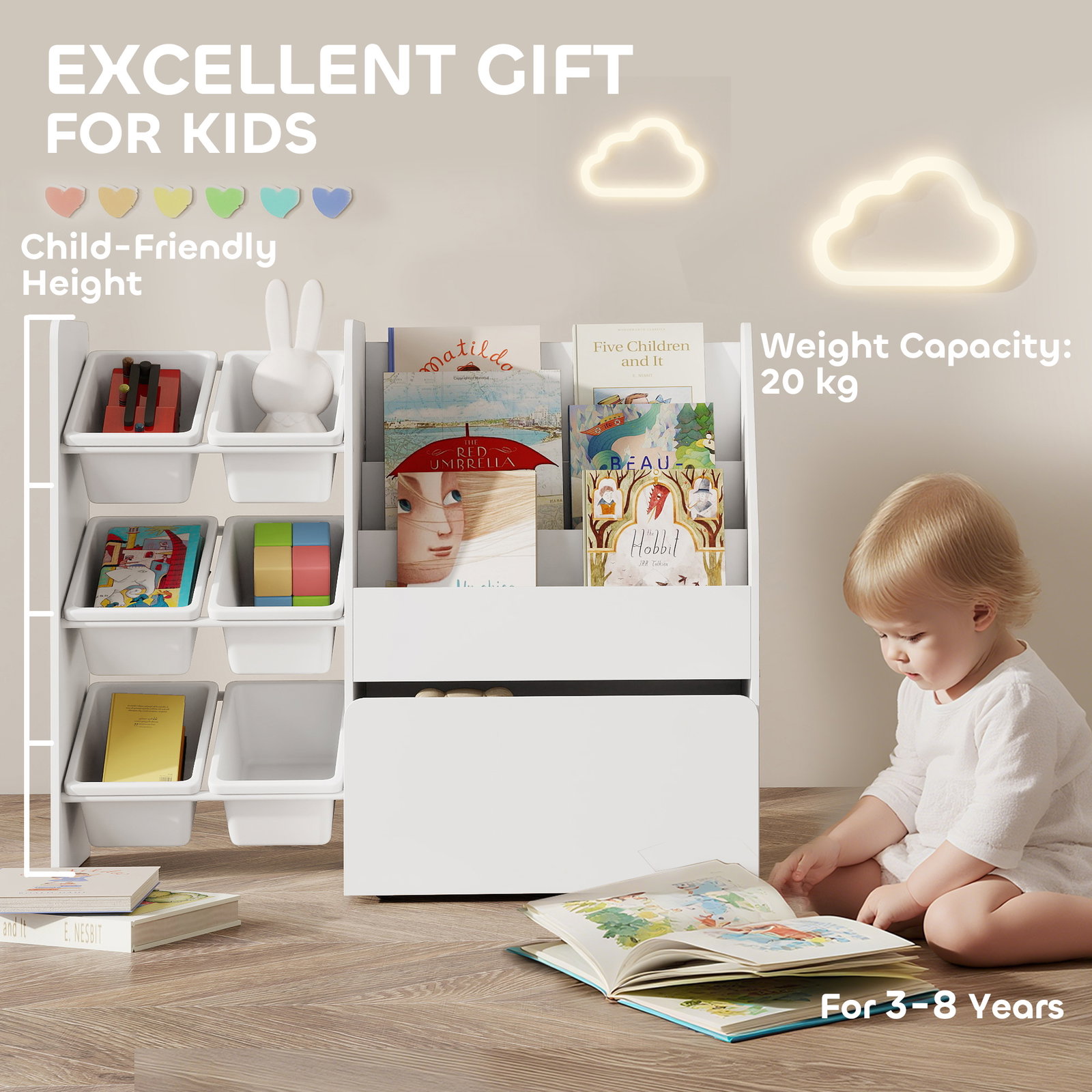 Estante infantil para brinquedos com 6 caixas removíveis 3 prateleiras abertas e gaveta inferior com rodas 100x30x80 cm branco