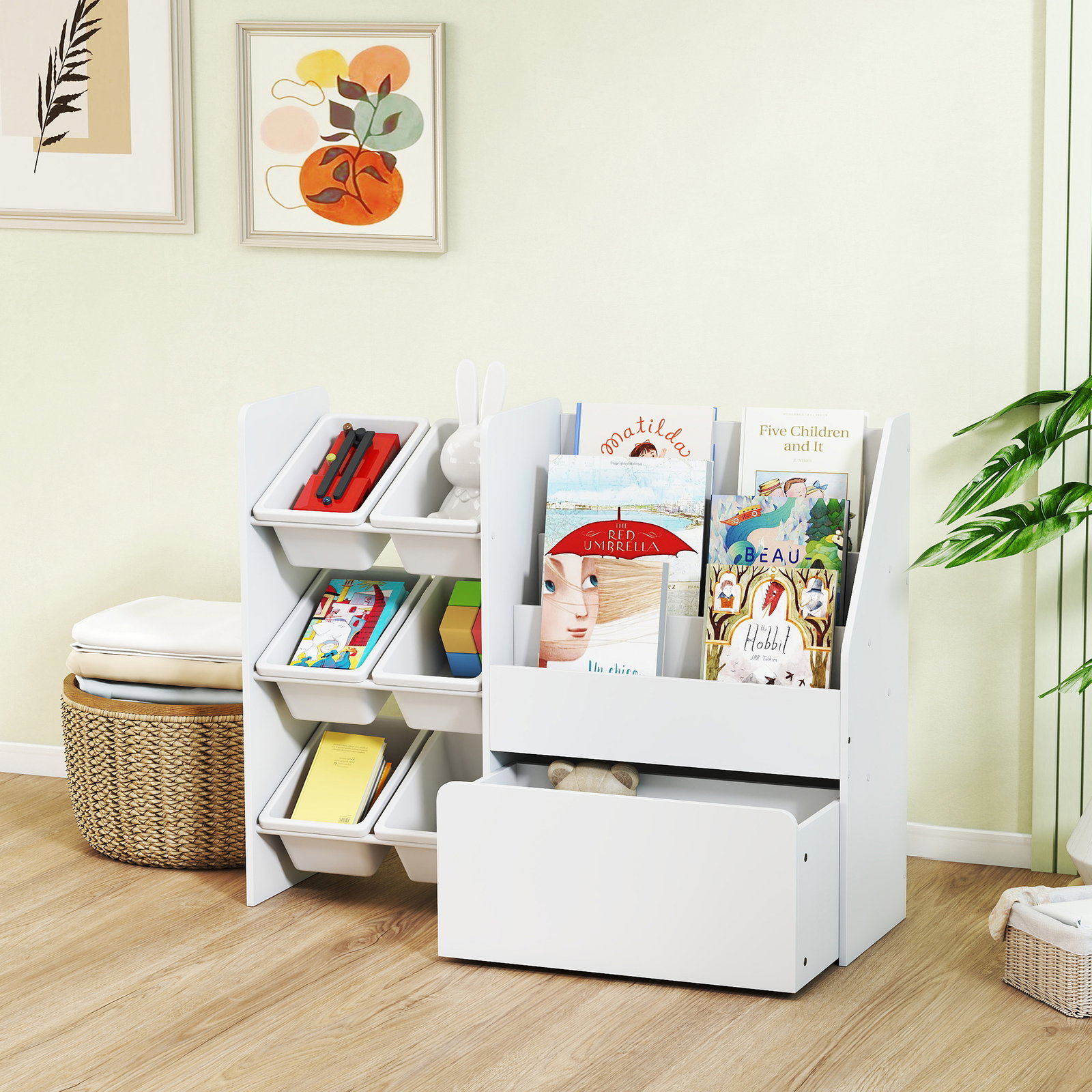 Estante infantil para brinquedos com 6 caixas removíveis 3 prateleiras abertas e gaveta inferior com rodas 100x30x80 cm branco