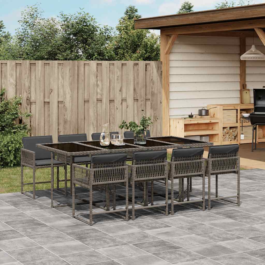 9 Pcs conjunto de jantar p/ jardim c/ almofadões vime PE cinza