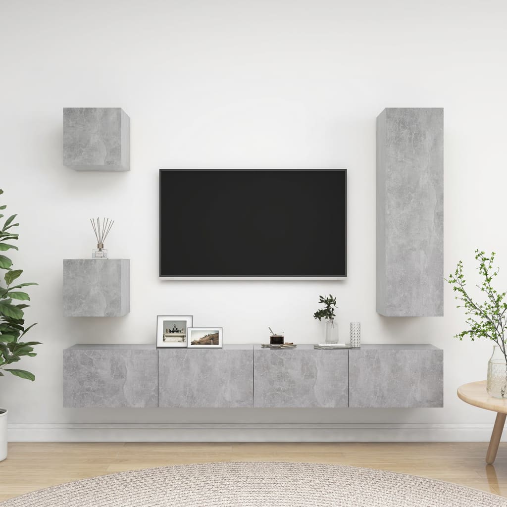 5 Pcs conjunto de móveis de TV derivados madeira cinza cimento