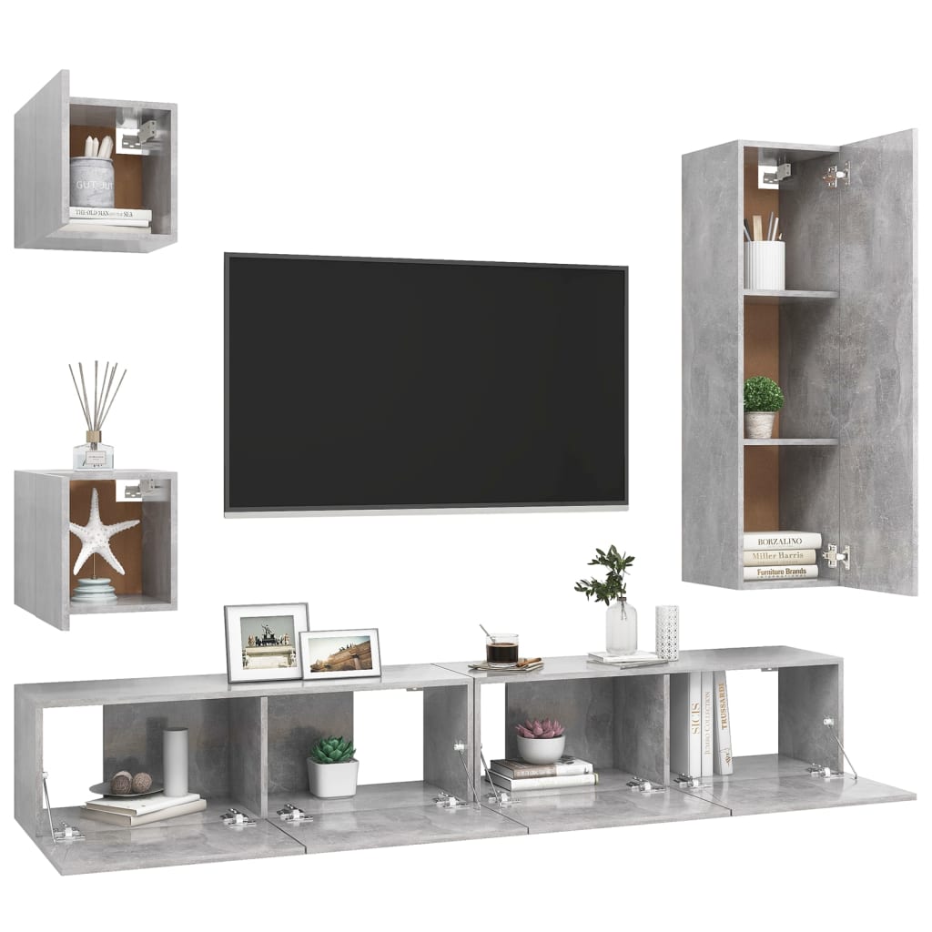5 Pcs conjunto de móveis de TV derivados madeira cinza cimento