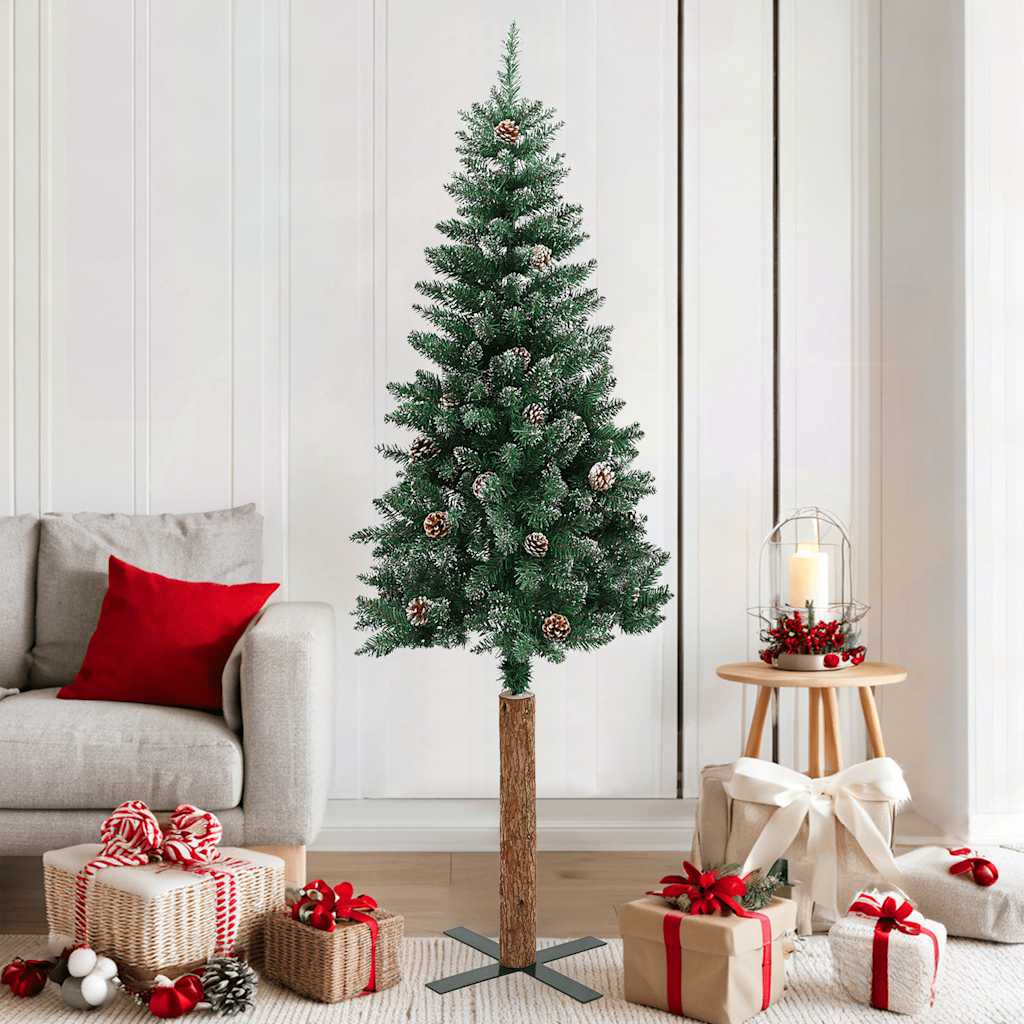 Árvore de natal fina madeira genuína e neve branca 180 cm verde