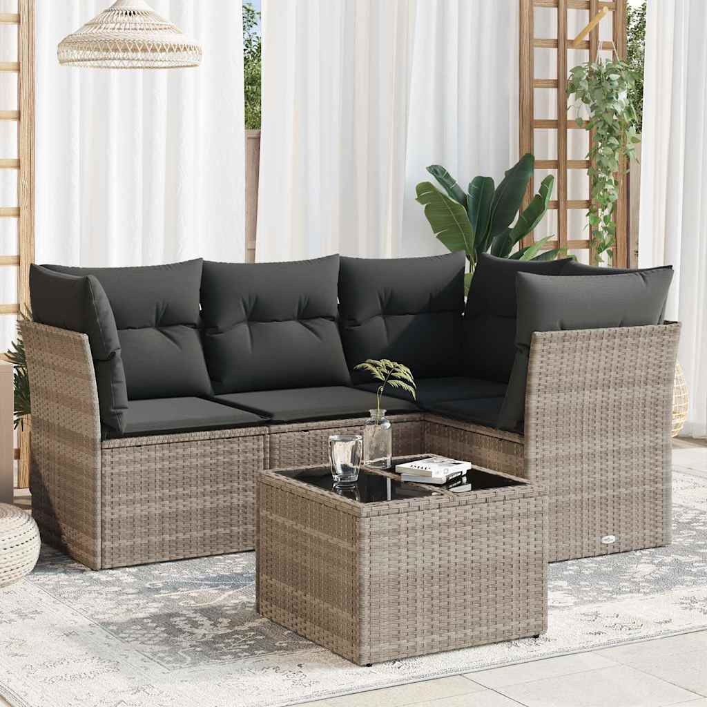 5 Pcs conj. sofás jardim c/ almofadões vime PE cinzento-claro
