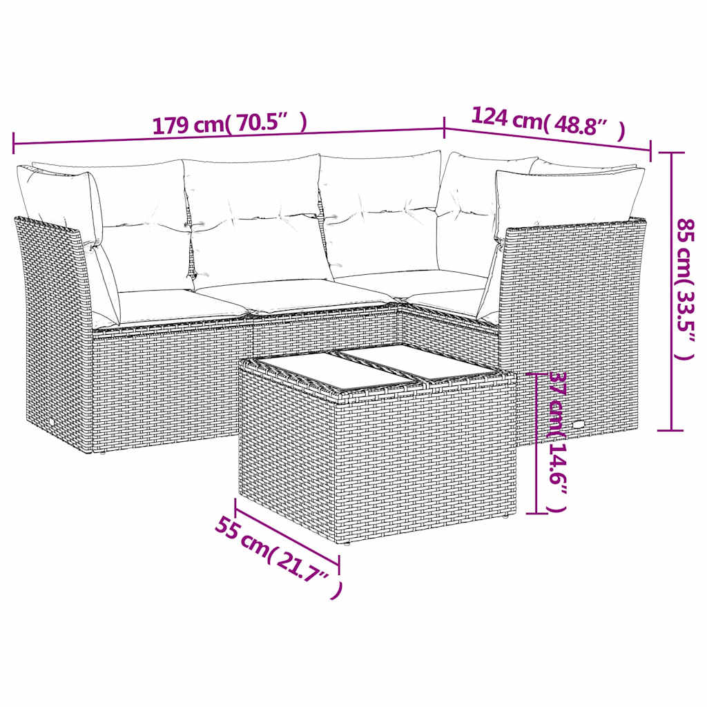 5 Pcs conj. sofás jardim c/ almofadões vime PE cinzento-claro