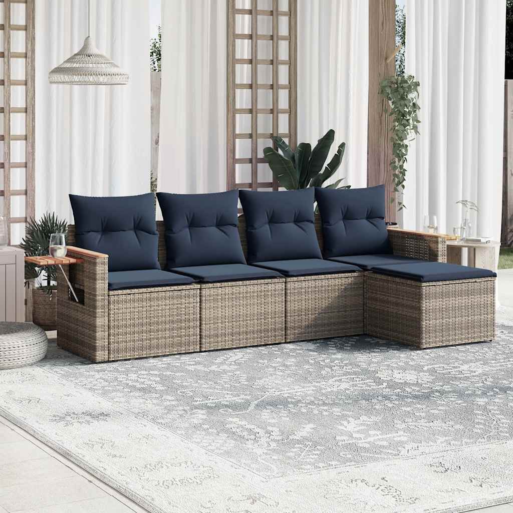 5 Pcs conjunto sofás p/ jardim c/ almofadões vime PE cinzento