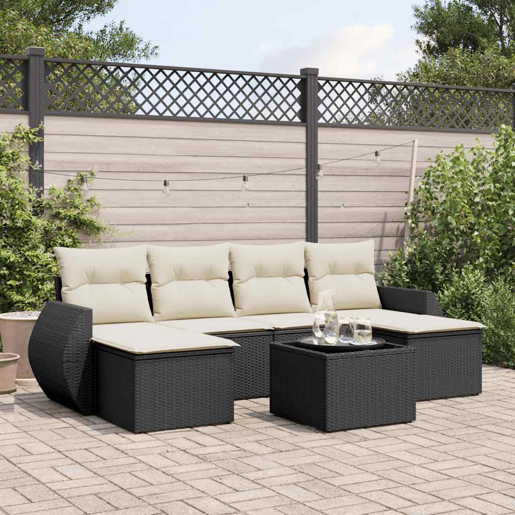 7 Pcs conjunto de sofás p/ jardim c/ almofadões vime PE preto