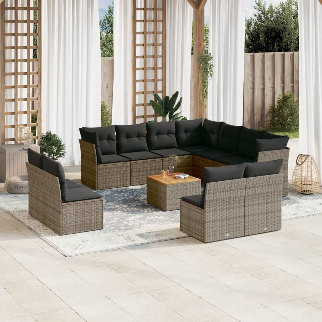 12 Pcs conjunto de sofás jardim c/ almofadões vime PE cinzento