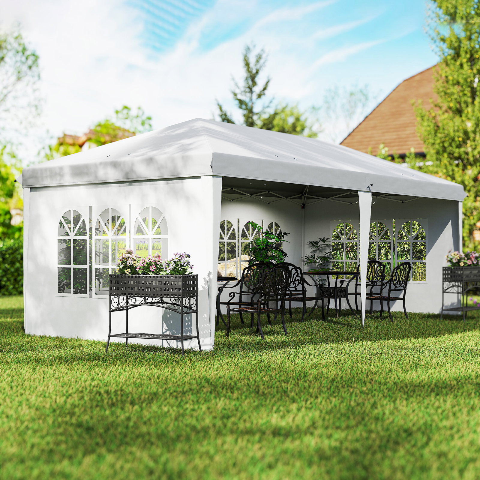Tenda dobrável com 4 paredes laterais amovíveis 4 janelas e bolsa de transporte 585x295x270 cm branco