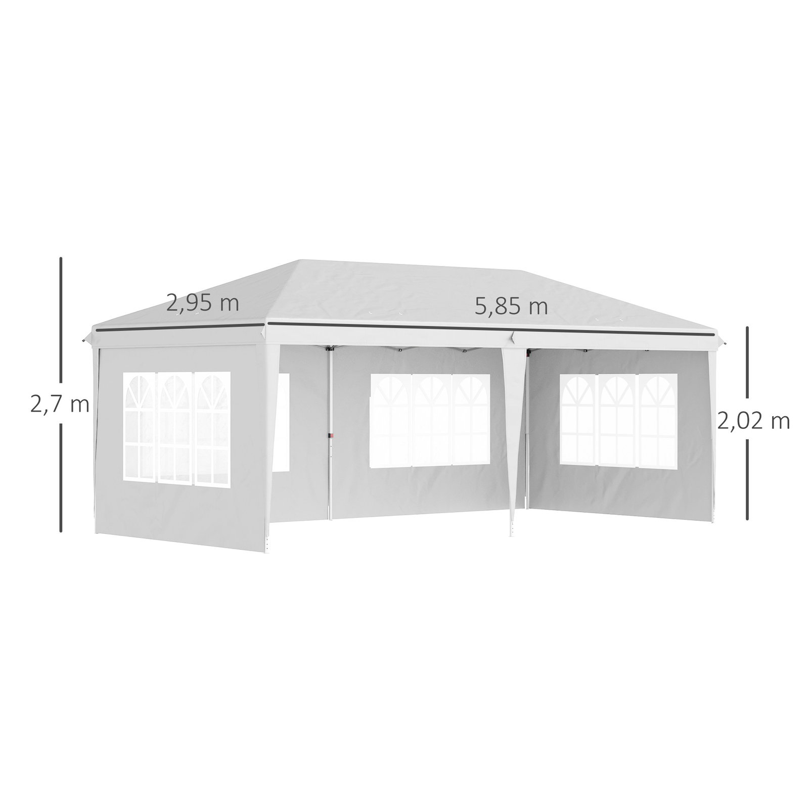 Tenda dobrável com 4 paredes laterais amovíveis 4 janelas e bolsa de transporte 585x295x270 cm branco