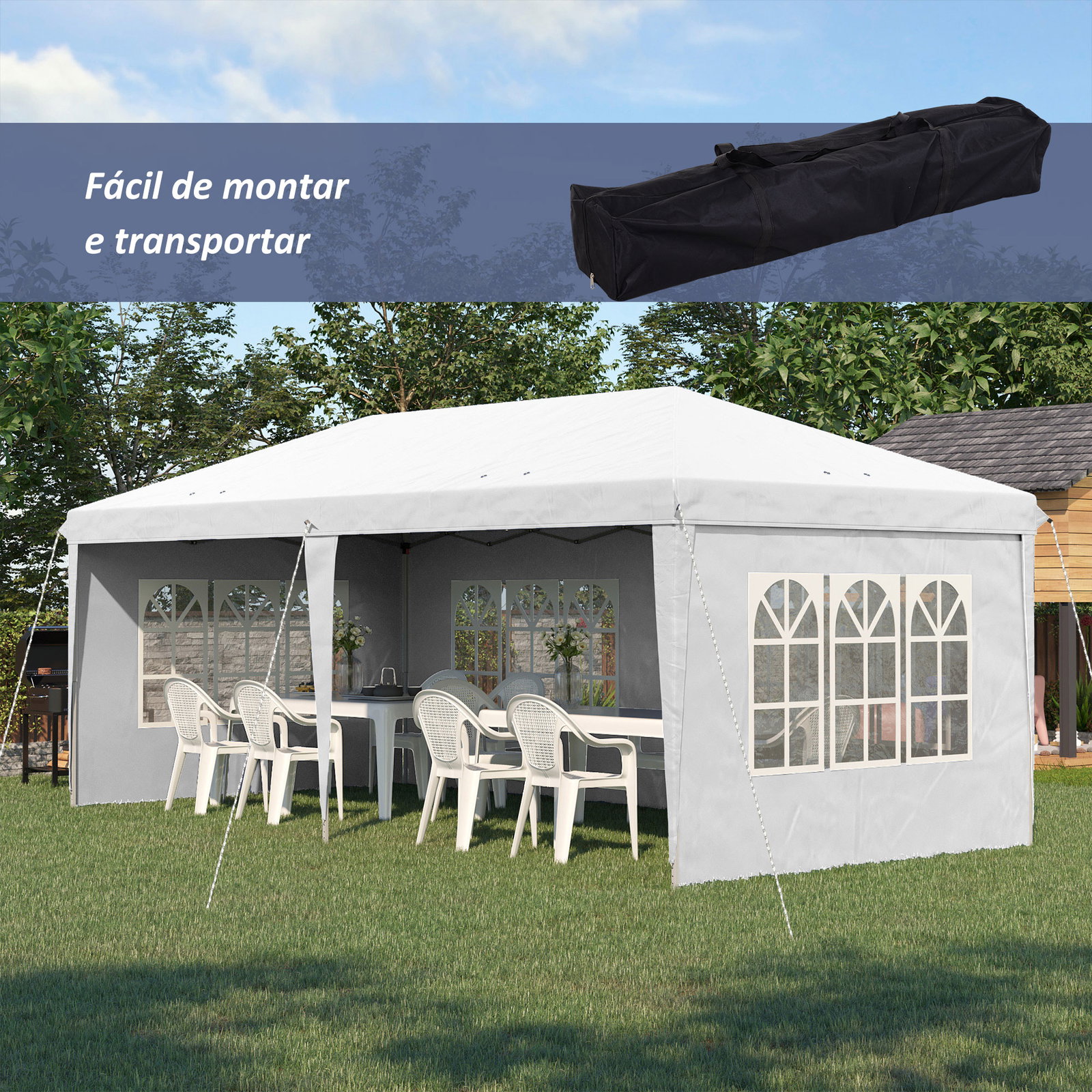 Tenda dobrável com 4 paredes laterais amovíveis 4 janelas e bolsa de transporte 585x295x270 cm branco