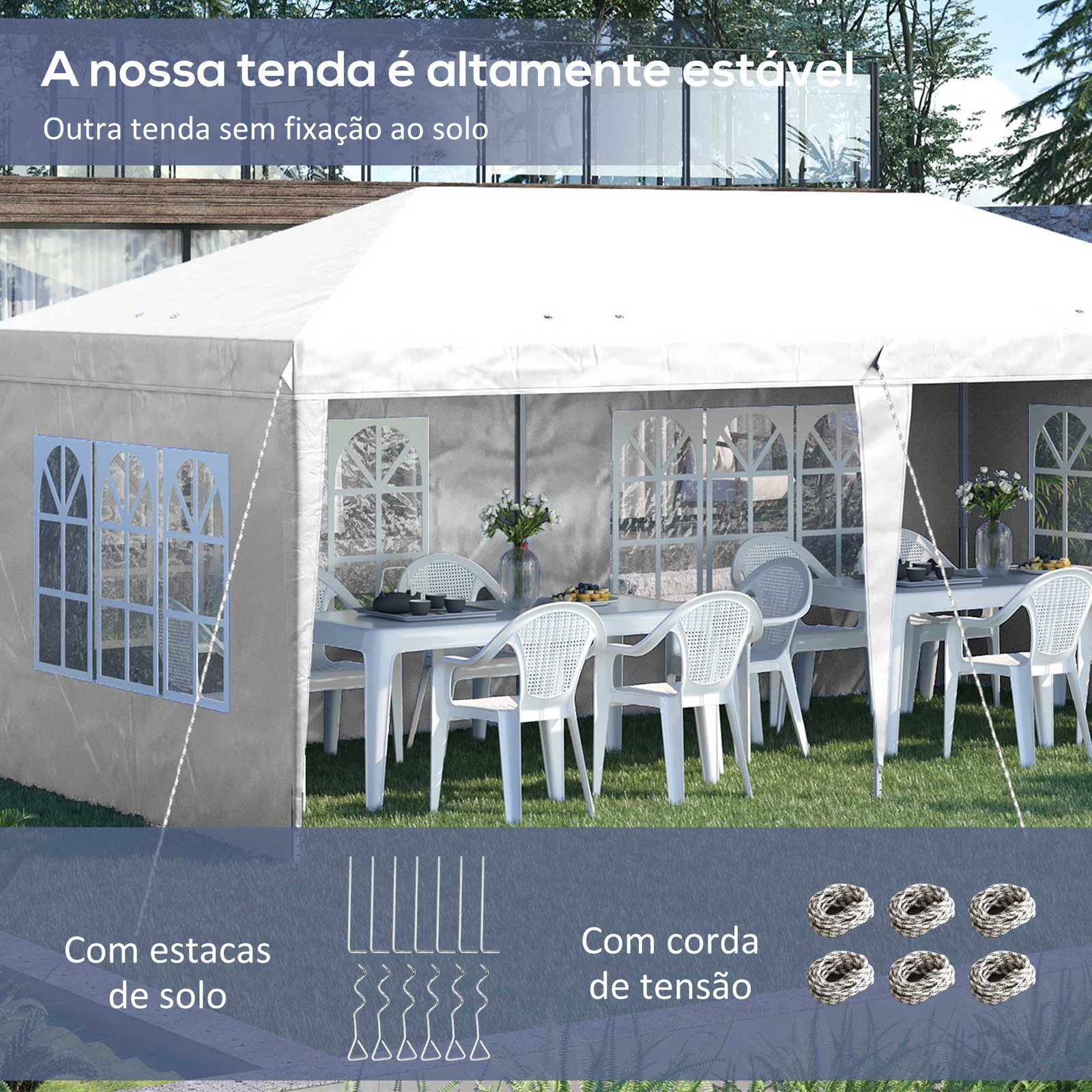 Tenda dobrável com 4 paredes laterais amovíveis 4 janelas e bolsa de transporte 585x295x270 cm branco