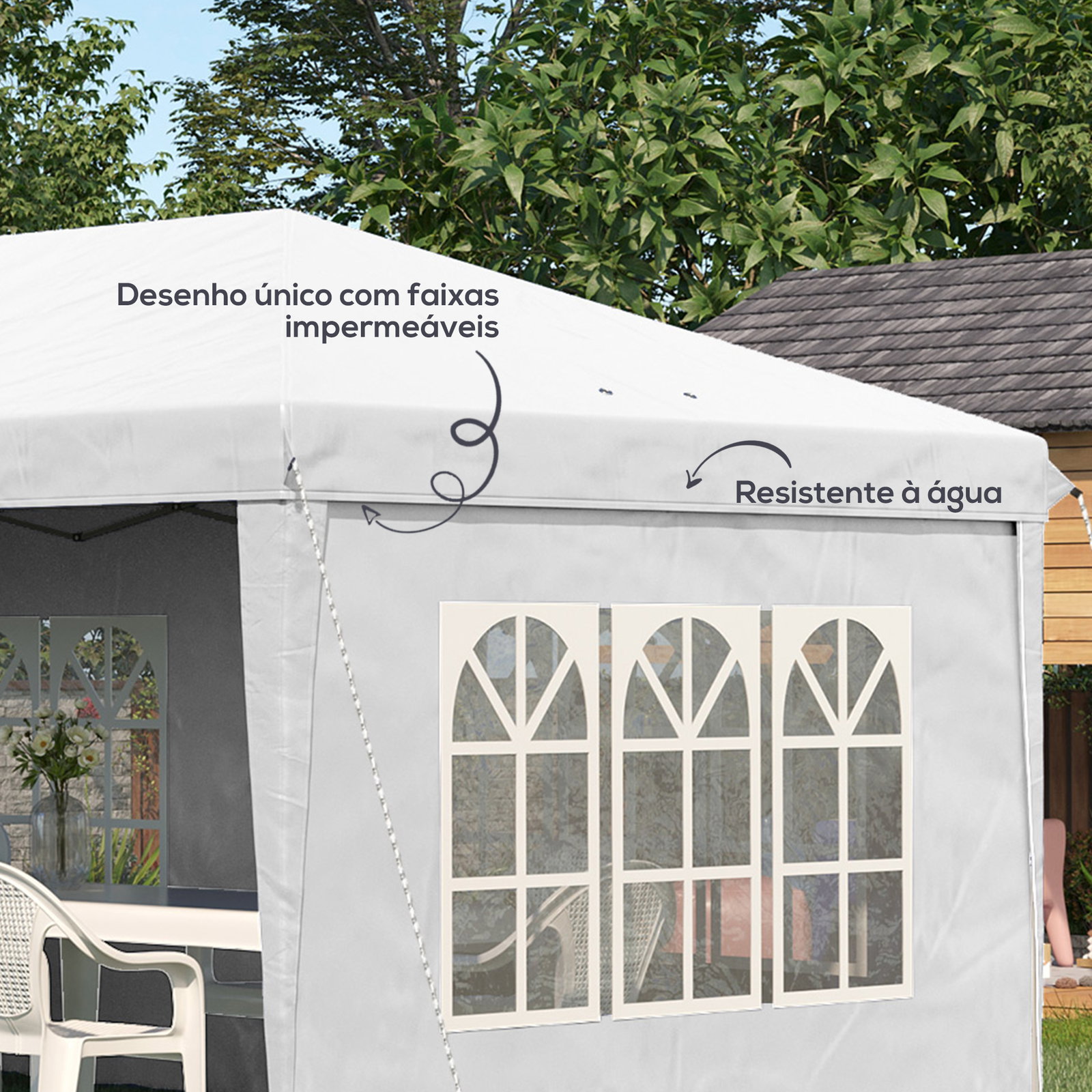Tenda dobrável com 4 paredes laterais amovíveis 4 janelas e bolsa de transporte 585x295x270 cm branco