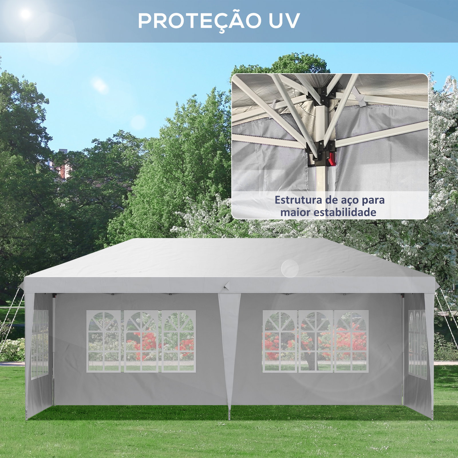Tenda dobrável com 4 paredes laterais amovíveis 4 janelas e bolsa de transporte 585x295x270 cm branco