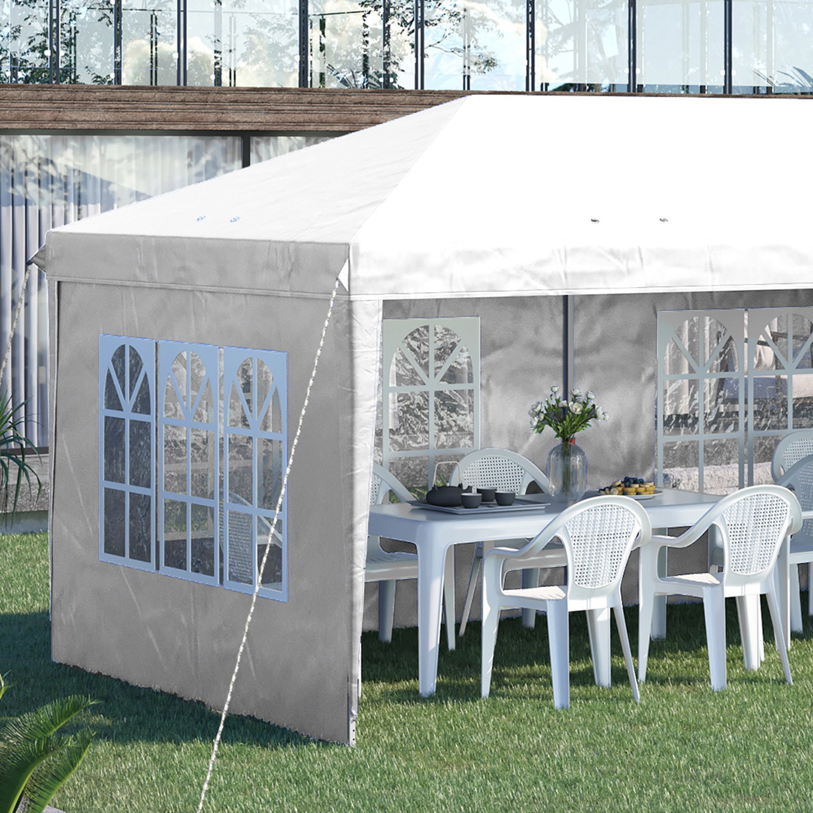 Tenda dobrável com 4 paredes laterais amovíveis 4 janelas e bolsa de transporte 585x295x270 cm branco