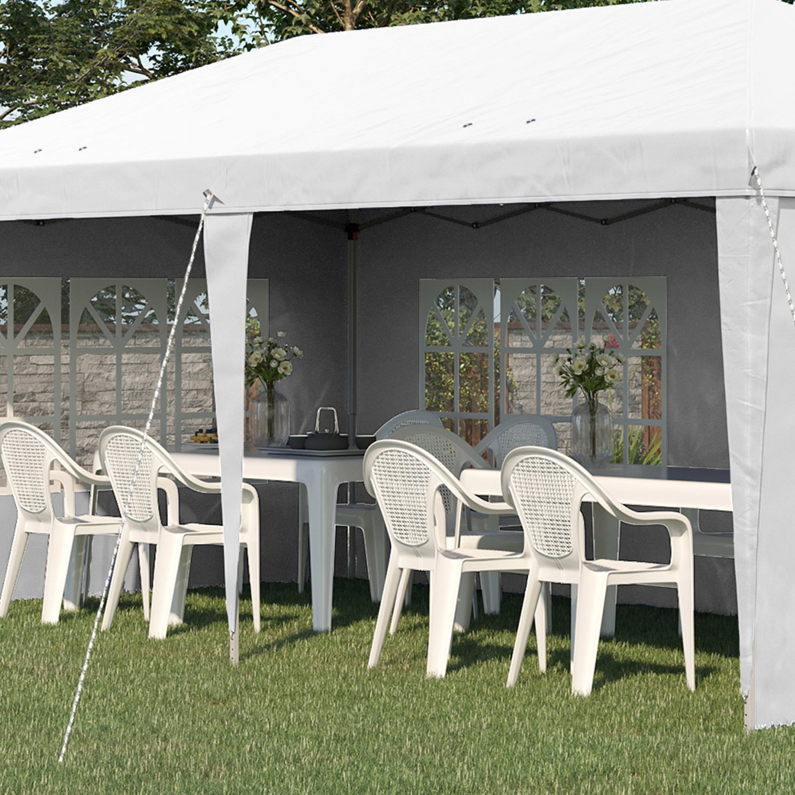 Tenda dobrável com 4 paredes laterais amovíveis 4 janelas e bolsa de transporte 585x295x270 cm branco