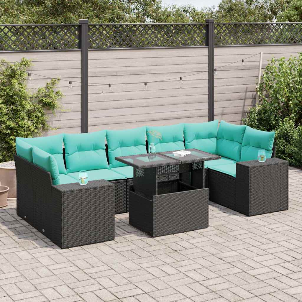 8 Pcs conjunto sofás jardim com almofadões vime PE/acácia preto