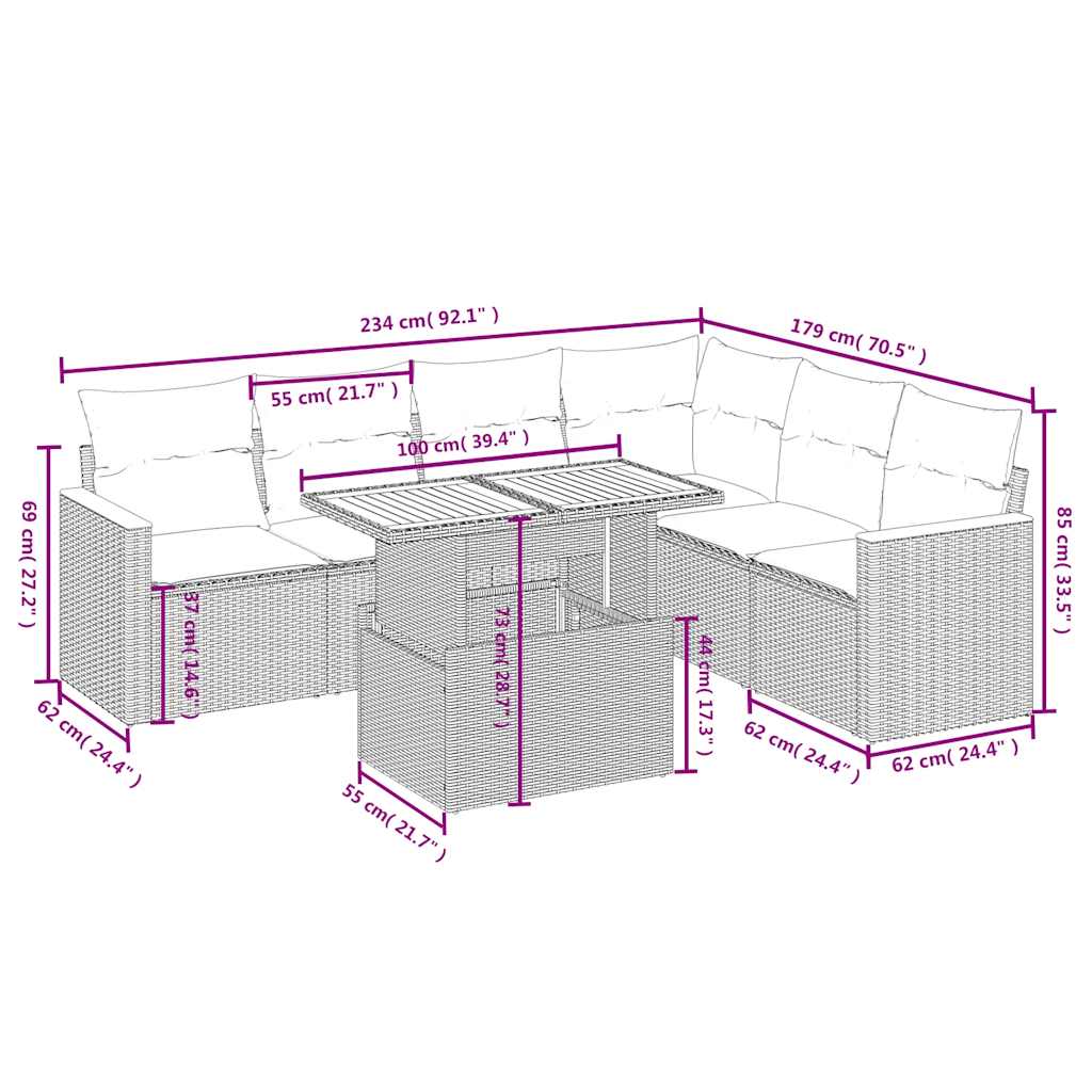 7 Pcs conjunto de sofás p/ jardim c/ almofadões vime PE preto