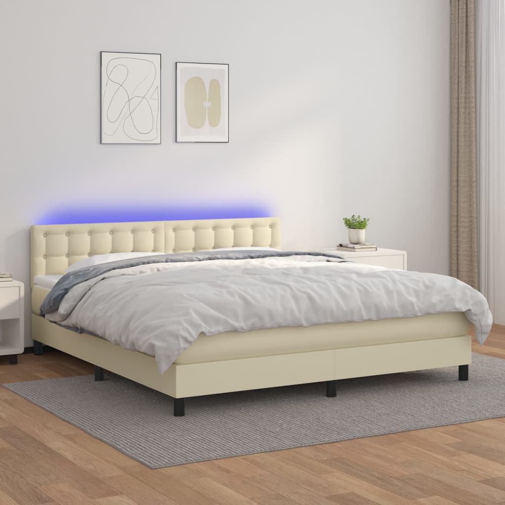 Cama box spring c/ colchão/LED 180x200cm couro artificial creme