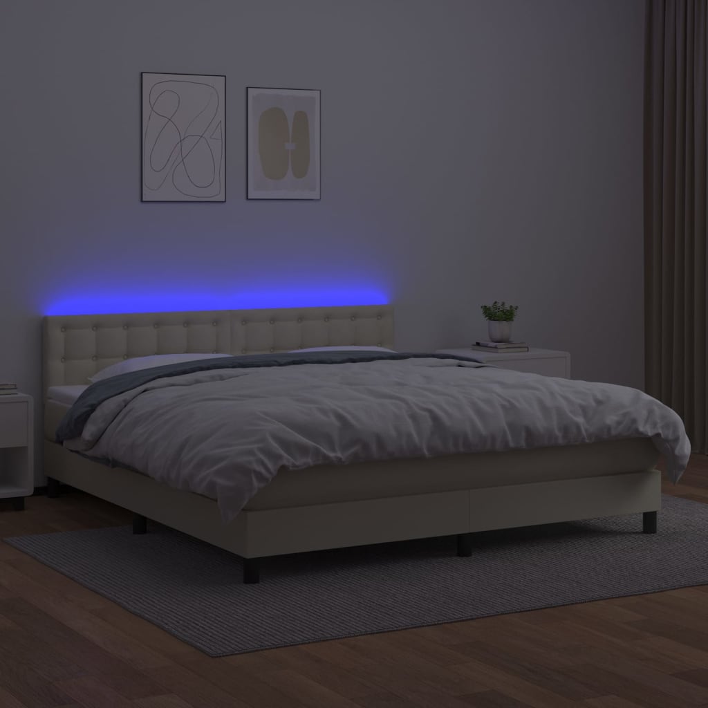 Cama box spring c/ colchão/LED 180x200cm couro artificial creme