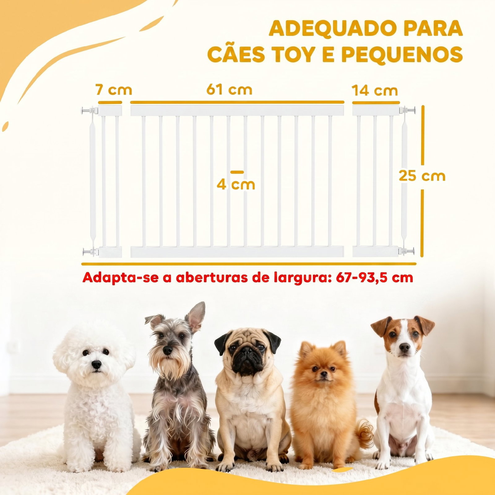 Barreira de segurança extensível para cães pequenos 67-93,5 cm altura 45 cm para portas e escadas branco