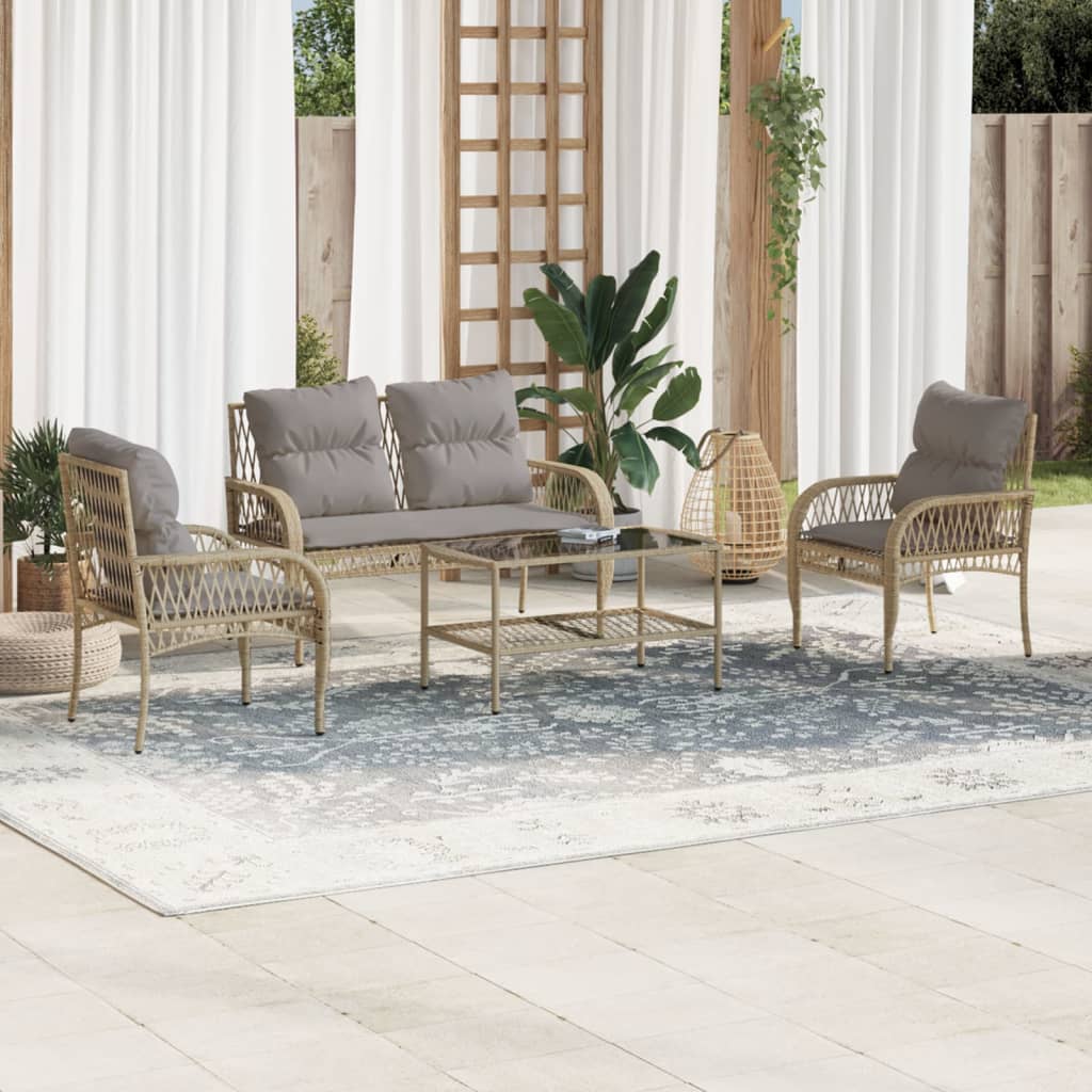 4 Pcs conjunto de sofás para jardim c/ almofadões vime PE bege