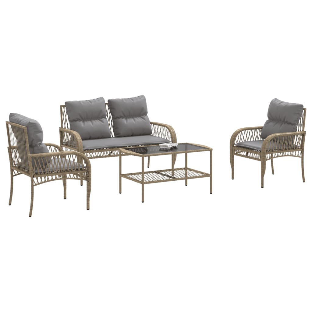 4 Pcs conjunto de sofás para jardim c/ almofadões vime PE bege