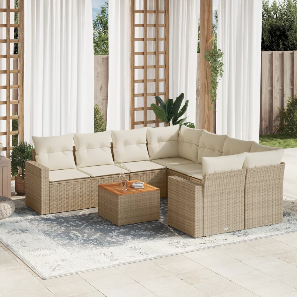 9 Pcs conjunto de sofás p/ jardim com almofadões vime PE bege