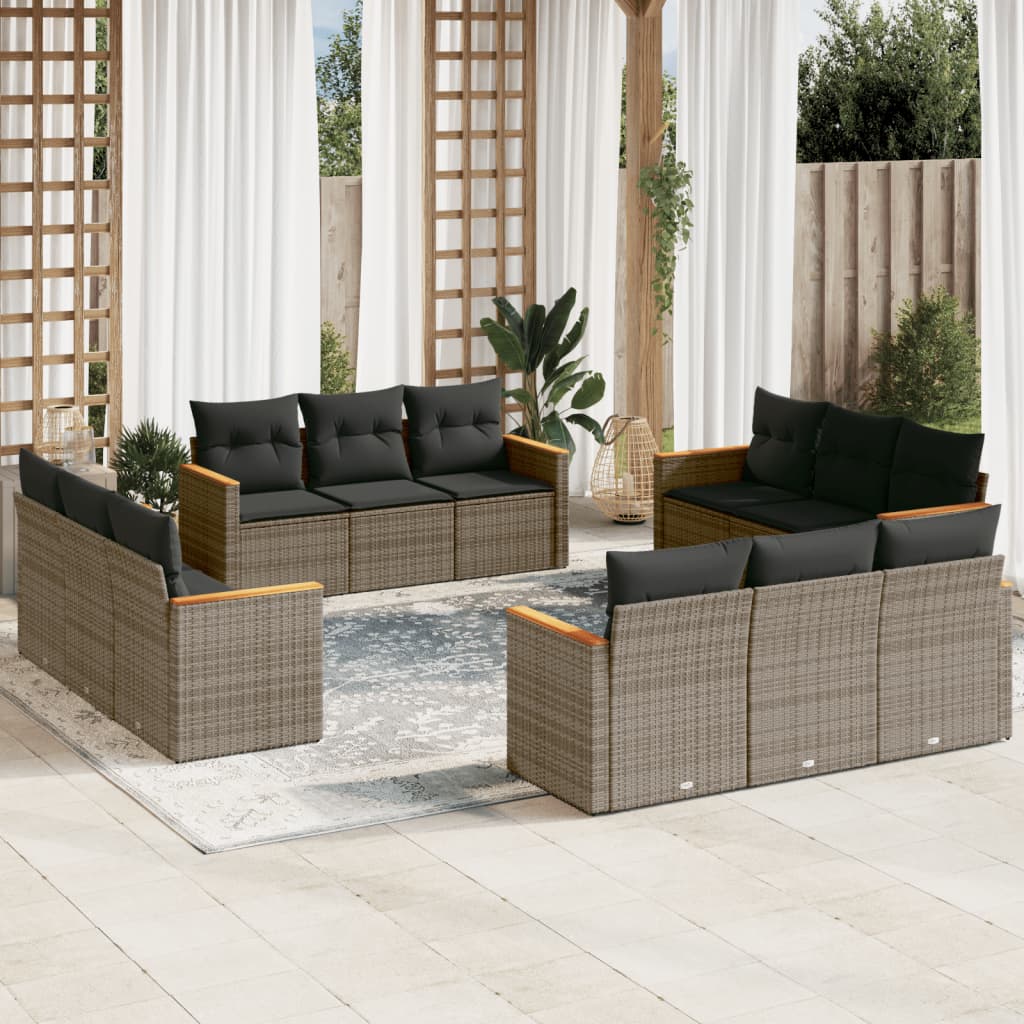 12 Pcs conjunto de sofás jardim c/ almofadões vime PE cinzento