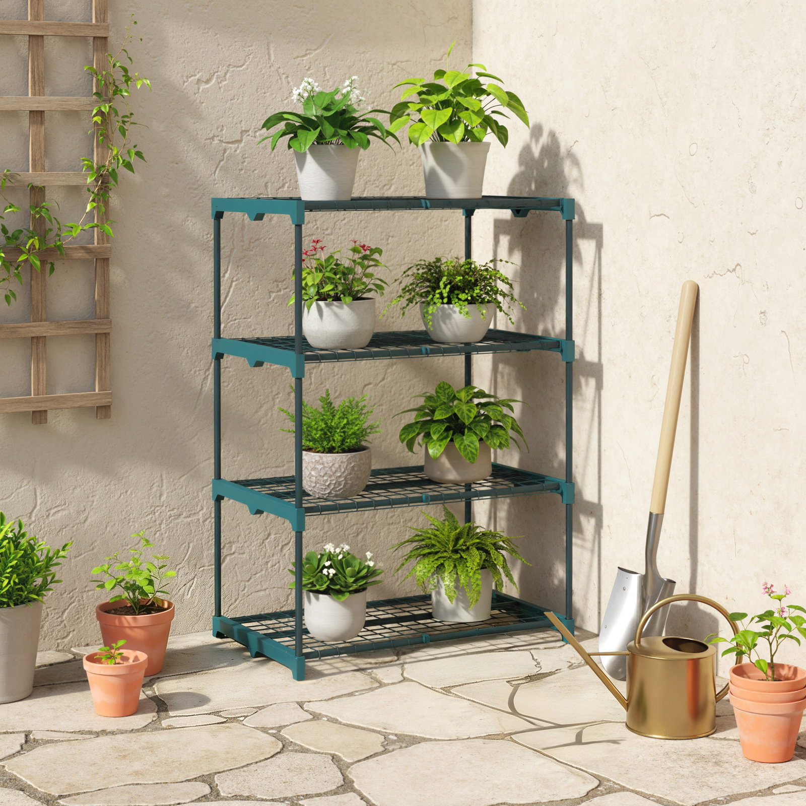 Suporte para plantas de 4 níveis estante para plantas em aço prateleiras de grade 67x49x105 cm verde escuro