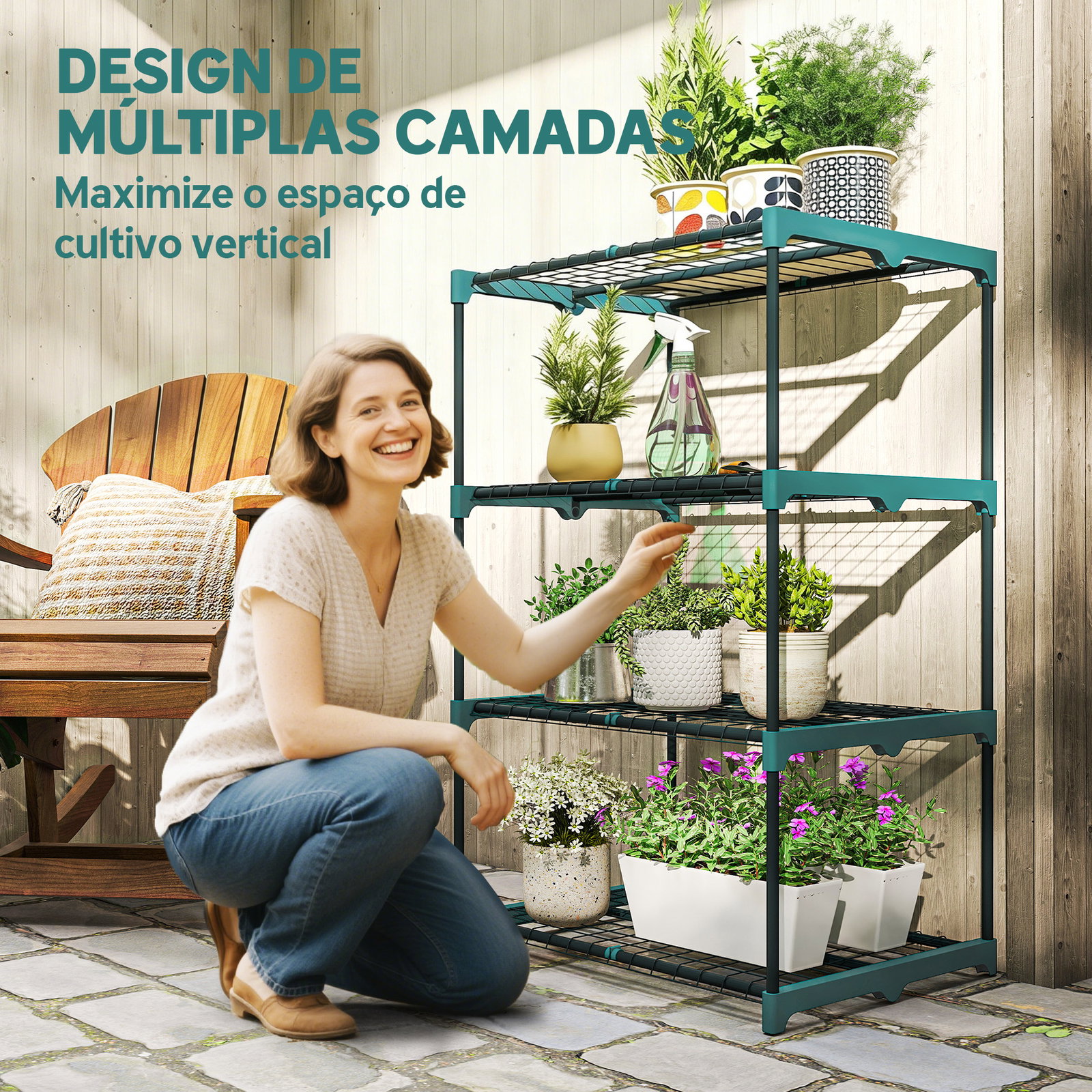 Suporte para plantas de 4 níveis estante para plantas em aço prateleiras de grade 67x49x105 cm verde escuro