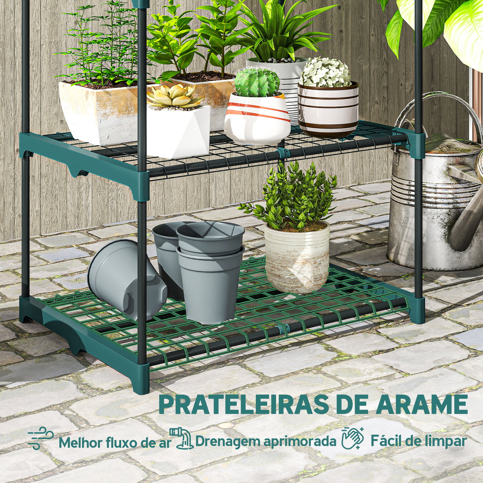 Suporte para plantas de 4 níveis estante para plantas em aço prateleiras de grade 67x49x105 cm verde escuro
