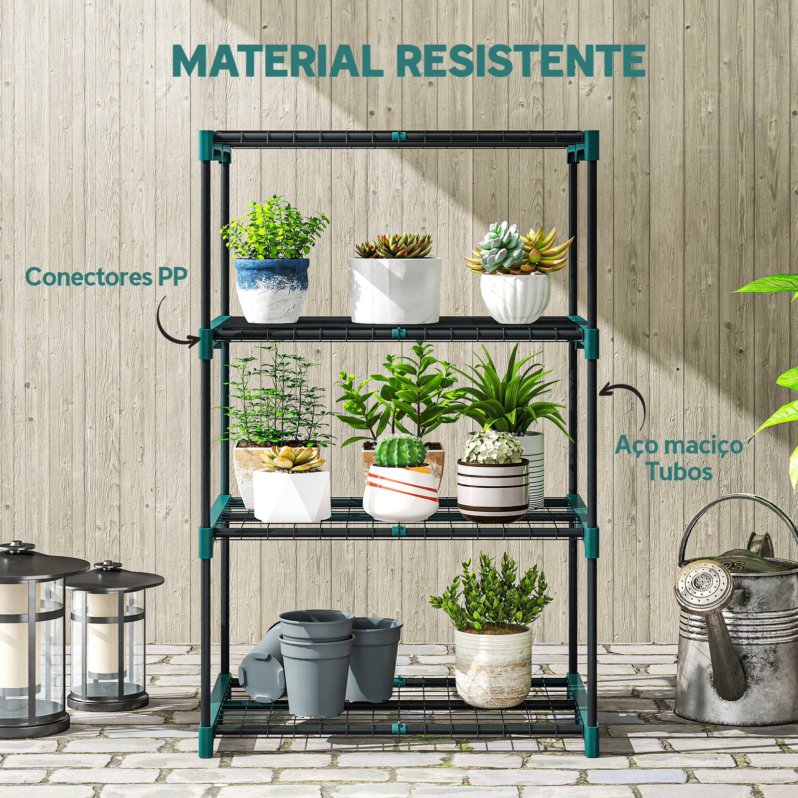 Suporte para plantas de 4 níveis estante para plantas em aço prateleiras de grade 67x49x105 cm verde escuro