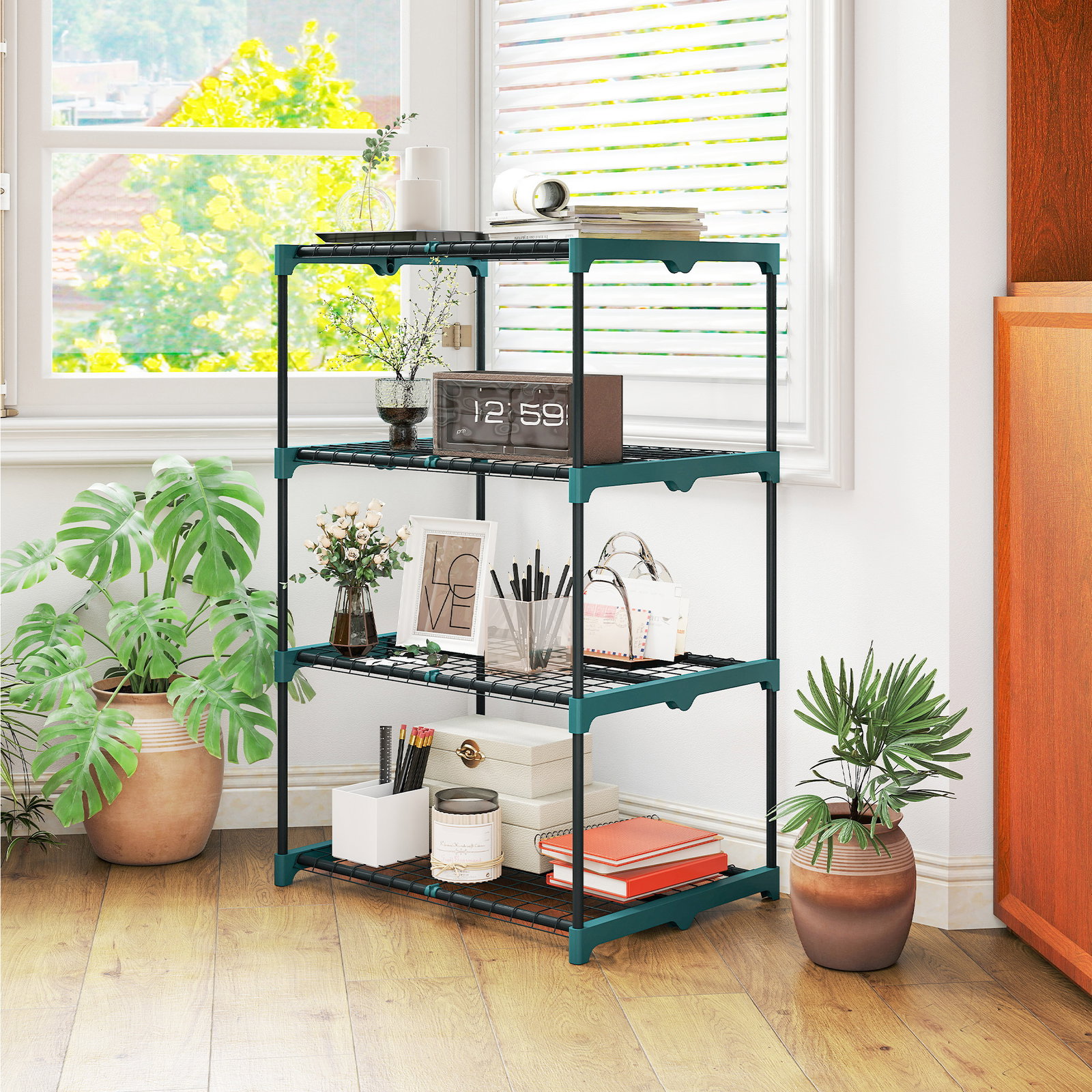 Suporte para plantas de 4 níveis estante para plantas em aço prateleiras de grade 67x49x105 cm verde escuro