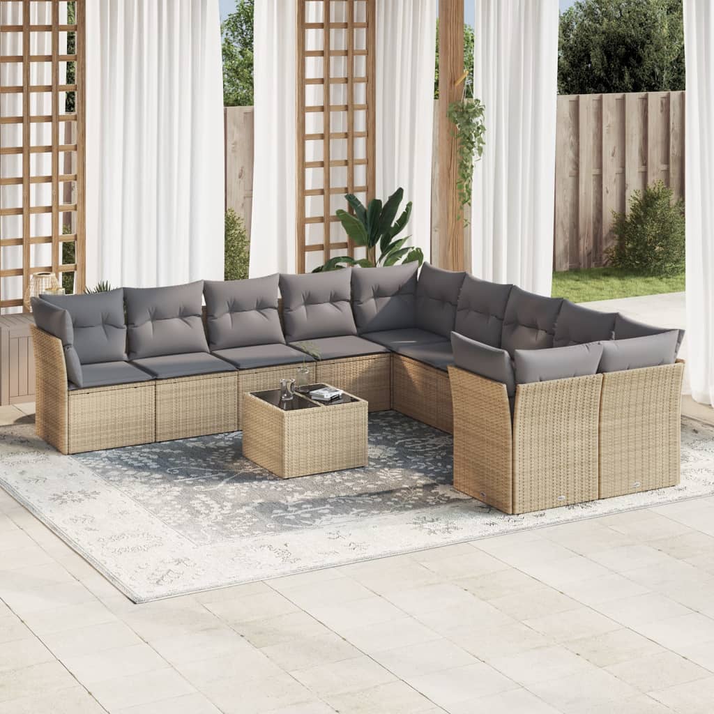 11 Pcs conjunto sofás de jardim c/ almofadões vime PE bege