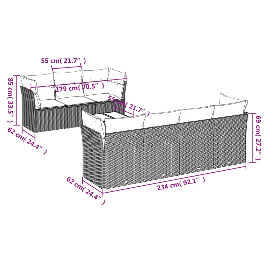8 Pcs conjunto de sofás p/ jardim com almofadões vime PE bege