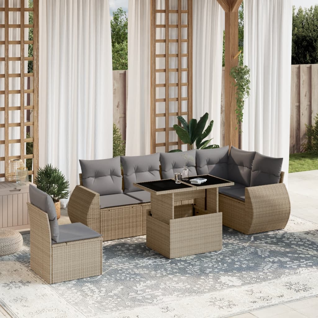 7 Pcs conjunto de sofás p/ jardim com almofadões vime PE bege