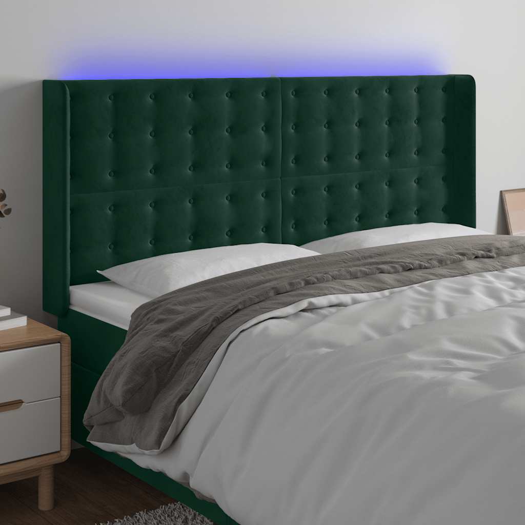 Cabeceira de cama c/ LED veludo 163x16x118/128 cm verde-escuro