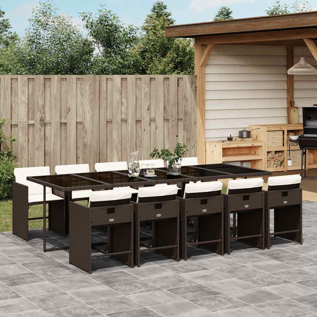 11 Pcs conjunto jantar p/ jardim c/ almofadões vime PE castanho