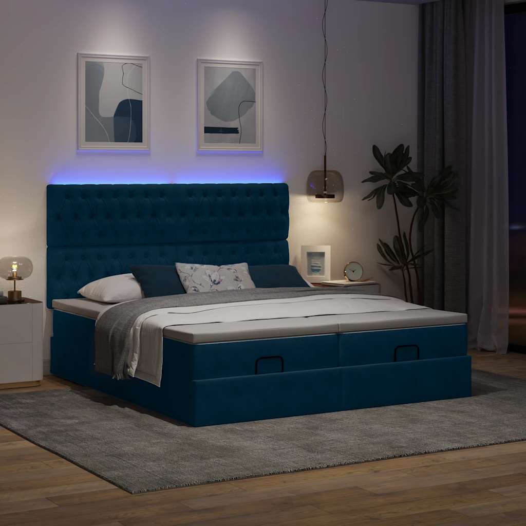Cama otomana com colchões/leds 200x200 cm veludo azul-escuro