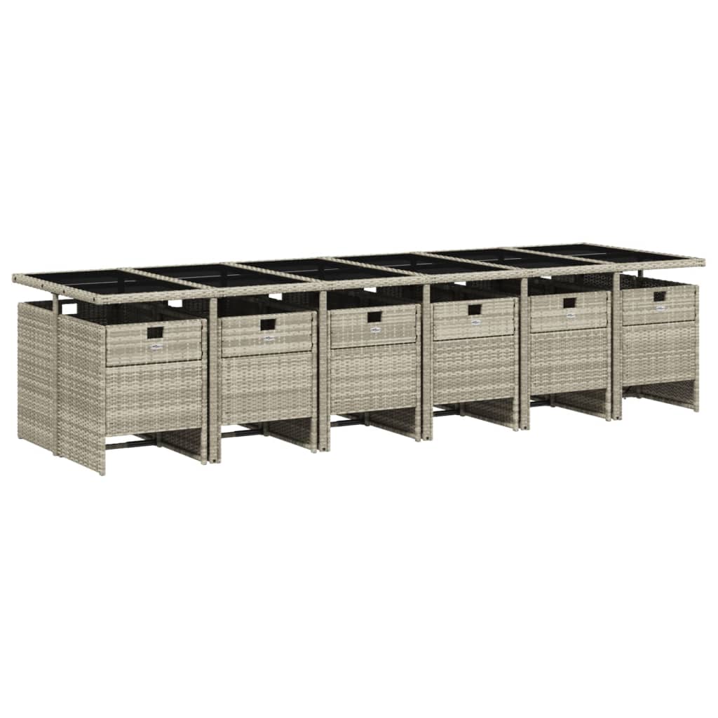 13 Pcs conj. jantar jardim c/ almofadões vime PE cinzento-claro