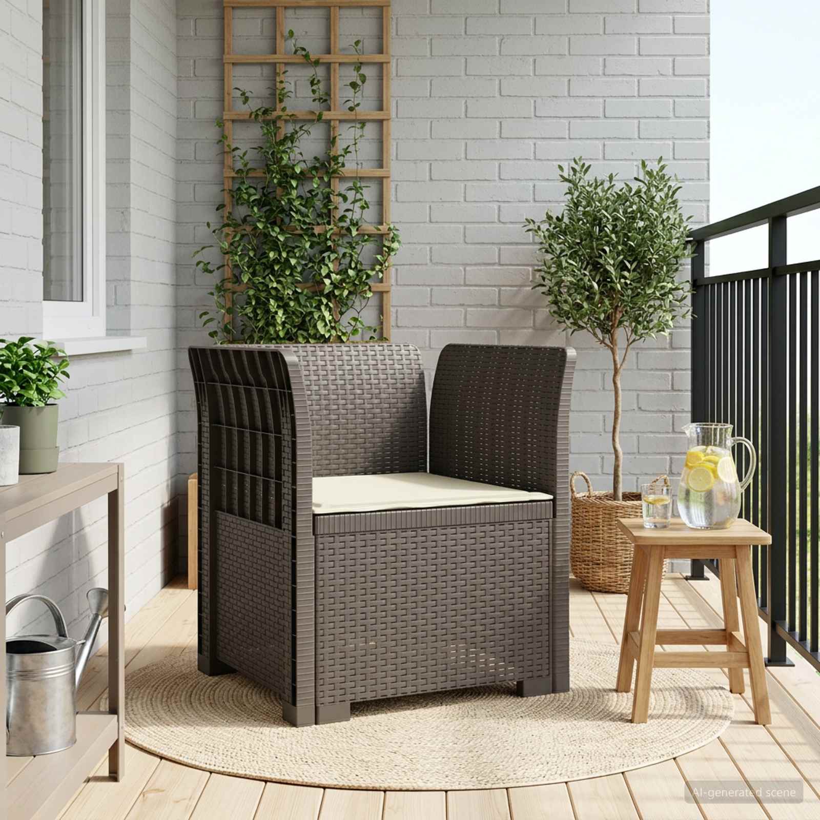 Poltrona 1 lugar com almofada look rattan PP cinzento-claro