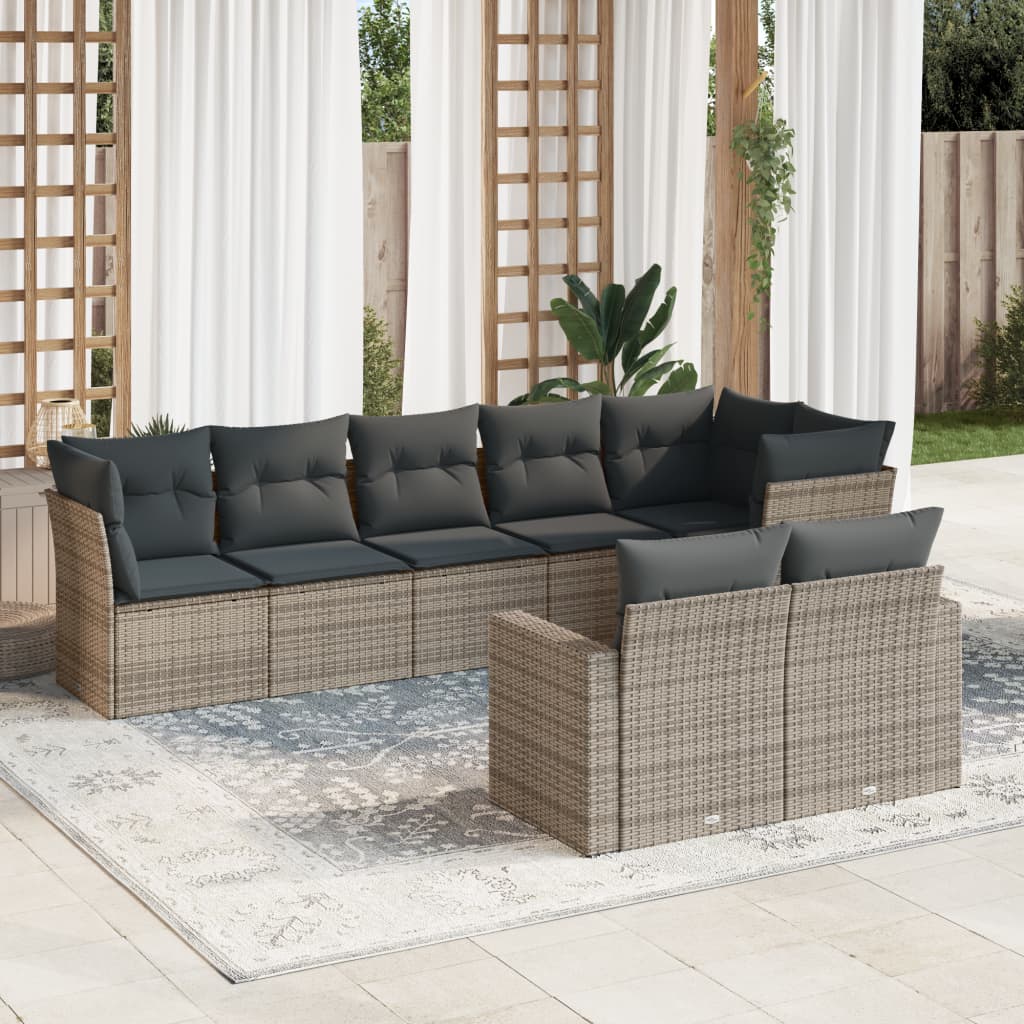8 Pcs conjunto sofás de jardim c/ almofadões vime PE cinzento