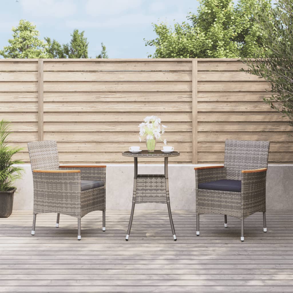 3 Pcs conjunto bistrô de jardim c/ almofadões vime PE cinza