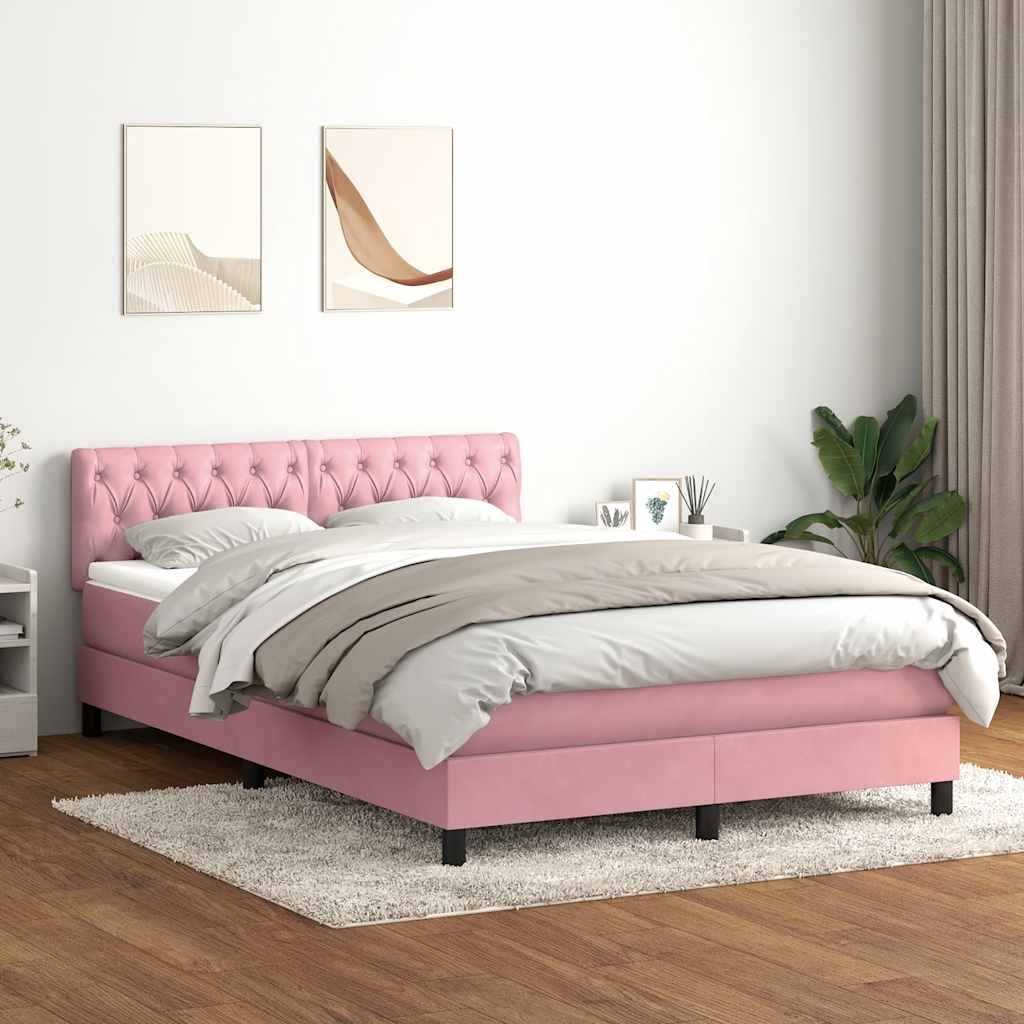 Cama box spring c/ colchão e LED 160x210 cm veludo rosa