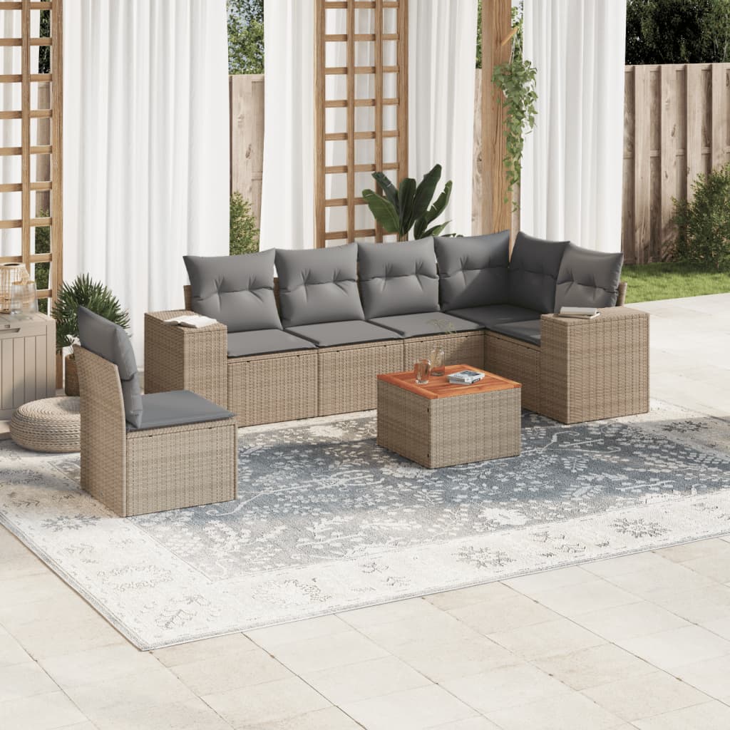 7 Pcs conjunto de sofás p/ jardim com almofadões vime PE bege