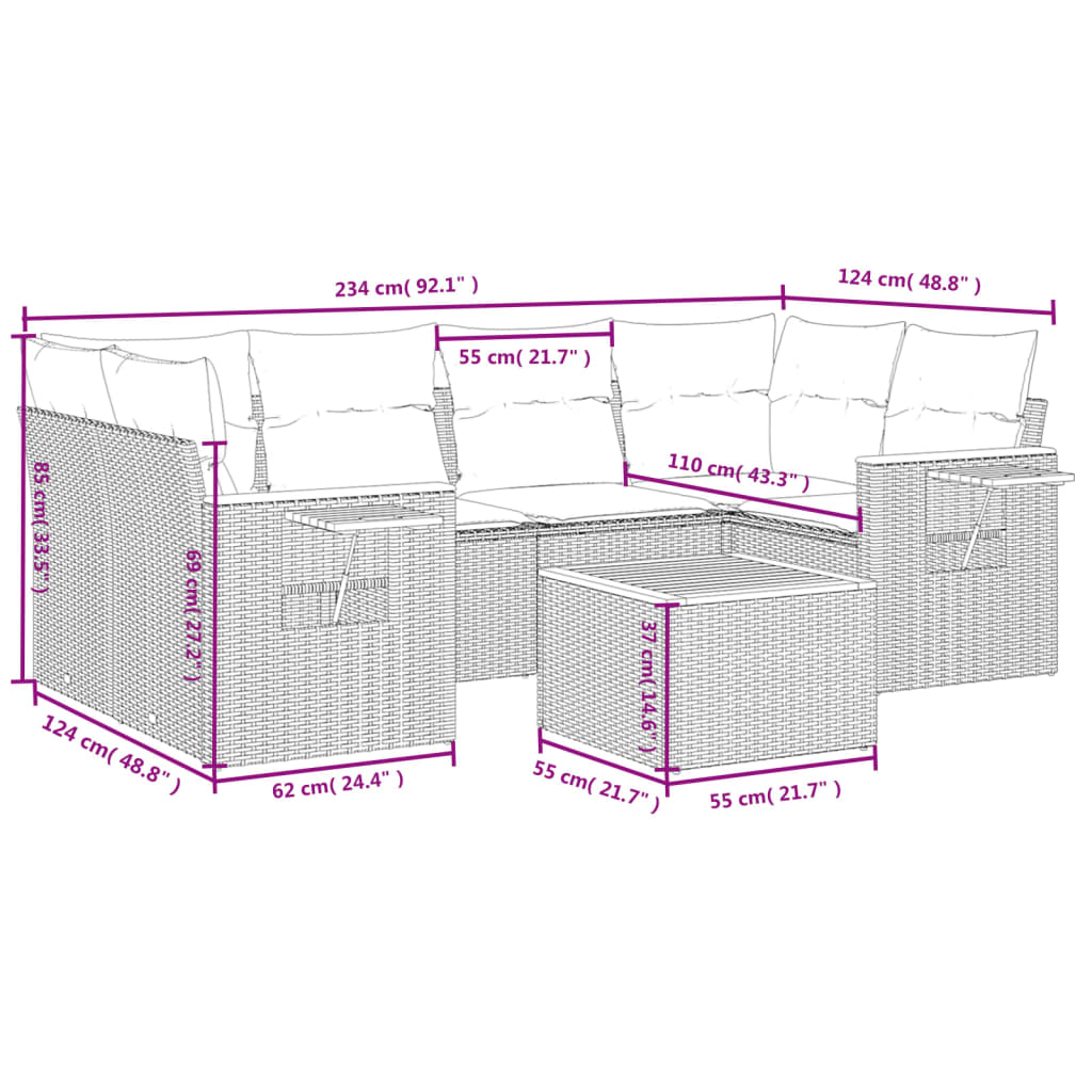 7 Pcs conjunto de sofás p/ jardim c/ almofadões vime PE preto