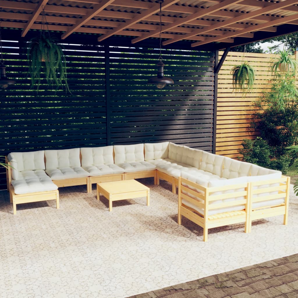 12 Pcs conjunto lounge de jardim c/ almofadões cor creme pinho