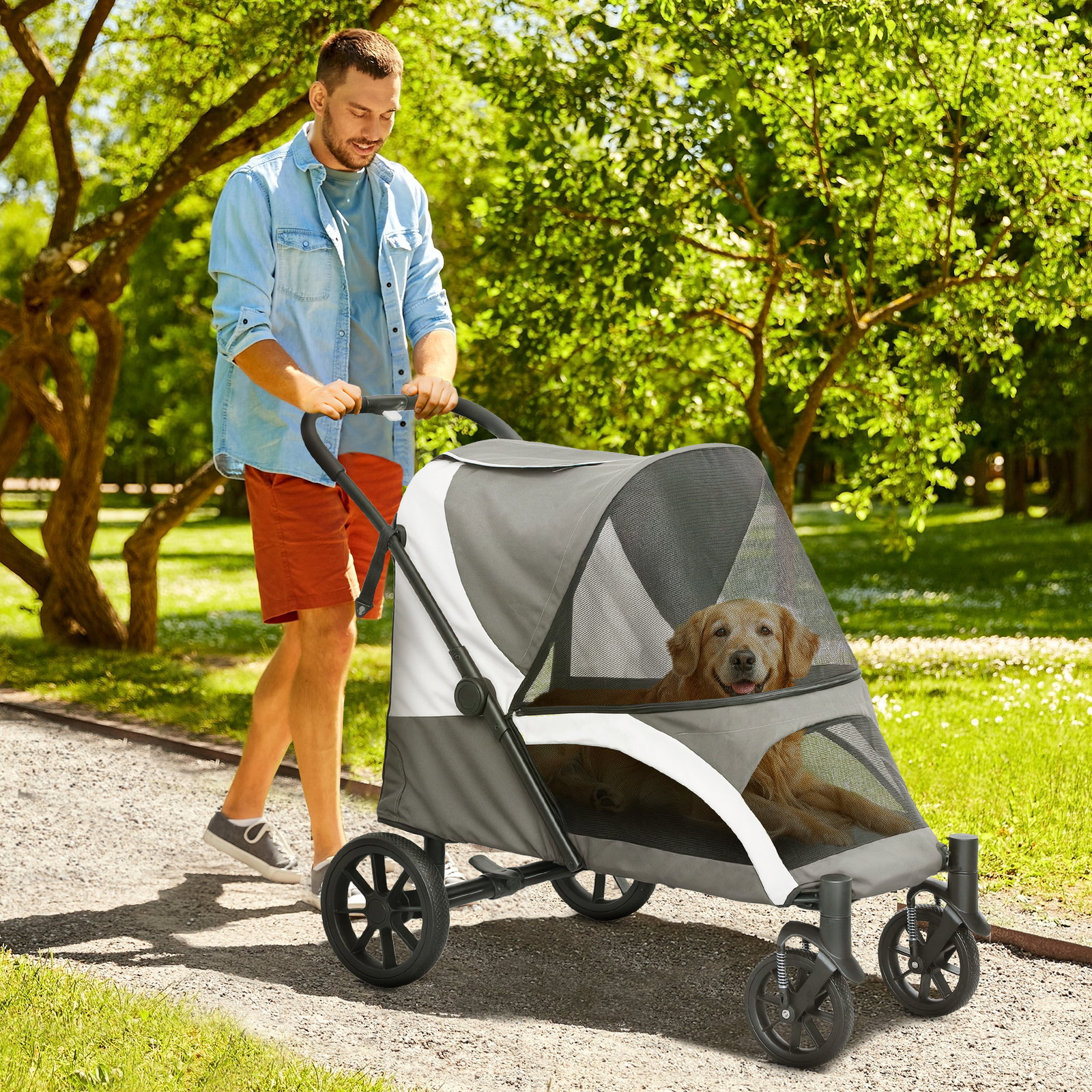 Carrinho dobrável para cães com janelas de malha almofadado lavável correias de segurança 124x67x100 cm cinzento escuro